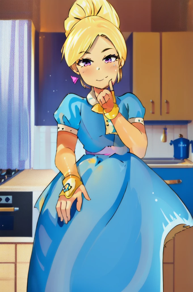 (masterpiece, best quality:1.2), cowboy shot, solo, 1girl, piper, smile, looking at viewer, (hand on own cheek:1.2), blonde hair, ponytail, blue dress, puffy short sleeves, fingerless gloves, kitchen