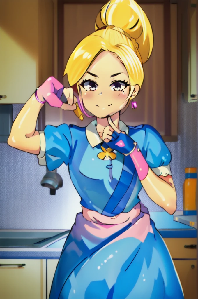 (masterpiece, best quality:1.2), cowboy shot, solo, 1girl, piper, smile, looking at viewer, (hand on own cheek:1.2), blonde hair, ponytail, blue dress, puffy short sleeves, fingerless gloves, kitchen