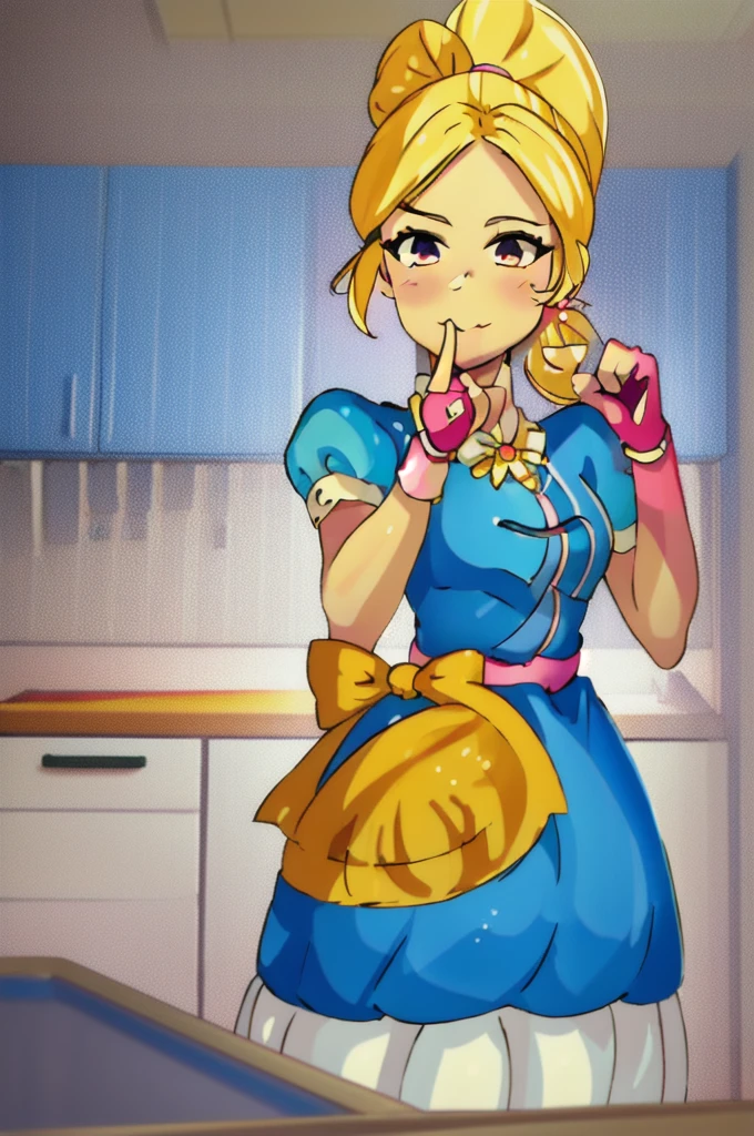 (masterpiece, best quality:1.2), cowboy shot, solo, 1girl, piper, smile, looking at viewer, (hand on own cheek:1.2), blonde hair, ponytail, blue dress, puffy short sleeves, fingerless gloves, kitchen