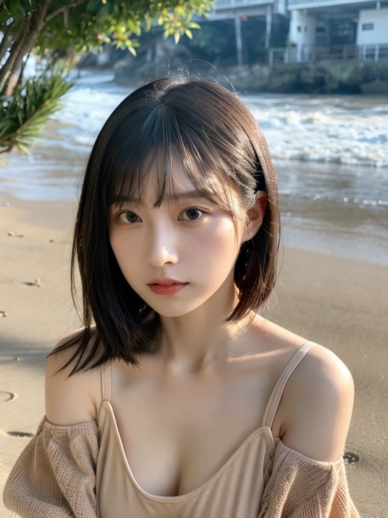 highest quality,RAW Photos  , 19 year old Japanese female idol, From above , Face Focus , Face close-up ,
Selfie,Lying on the ground, ((Off-the-shoulder tops , Cold shoulder top , clavicle , Exposing shoulders ,Cleavage ,))short hair, Bowl Cut ,Cute Face  ,Edgy,Drooping ,clavicle,Muddy Waters , Overflowing  ,Wet ,Selfie, Pale skin,At the Beach, rain,night, 