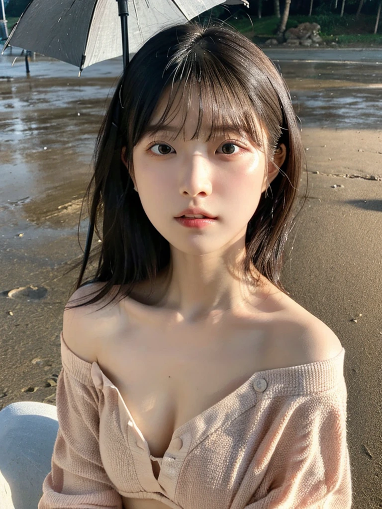 highest quality,RAW Photos  , 19 year old Japanese female idol, From above , Face Focus , Face close-up ,
Selfie,Lying on the ground, ((Off-the-shoulder tops , Cold shoulder top , clavicle , Exposing shoulders ,Cleavage ,))short hair, Bowl Cut ,Cute Face  ,Edgy,Drooping ,clavicle,Muddy Waters , Overflowing  ,Wet ,Selfie, Pale skin,At the Beach, rain,night, 
