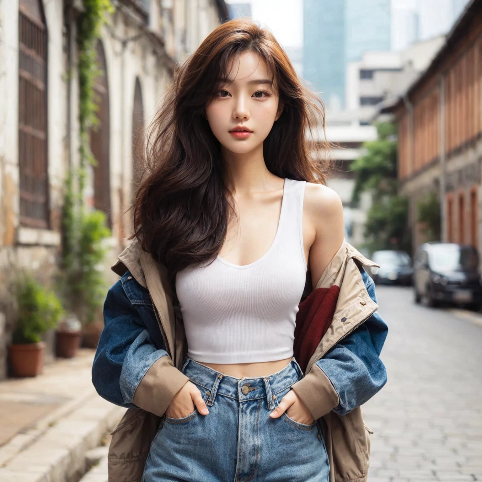 Beautiful young Korean female walking confidently down a cobblestone street in casual, stylish outfits with jackets, shirts, and jeans. The backdrop is a vintage urban setting with buildings and greenery, blending modern style with a cool urban vibe.