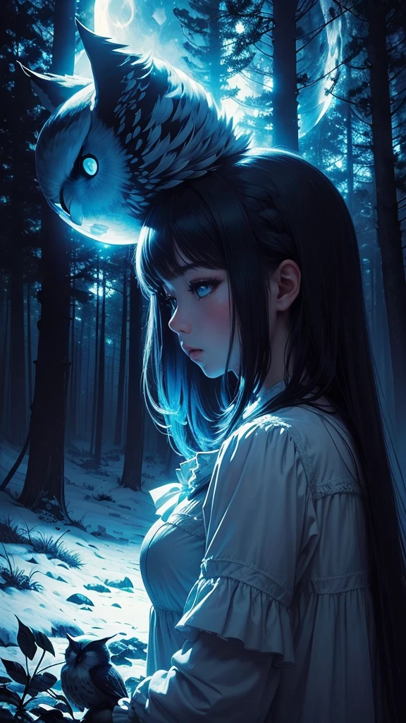 ((masterpiece)),((Highest quality)),((Lots of details)),((Realistic feel)), ((look up)), Pitch Black, night, Deep in the forest, Moonlight shines, ((Cool blue shade)), White Owl incarnation, Perfect girl silhouette, Sharp focus, High Sky, Dim and dim, High Contrast