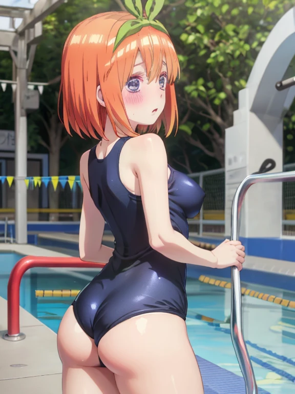 best quality, insanely detailed,yotsuba nakano, poolside background, breasts, blush, back style, one-piece swimsuit, nipple, look into the distance, nsfw
