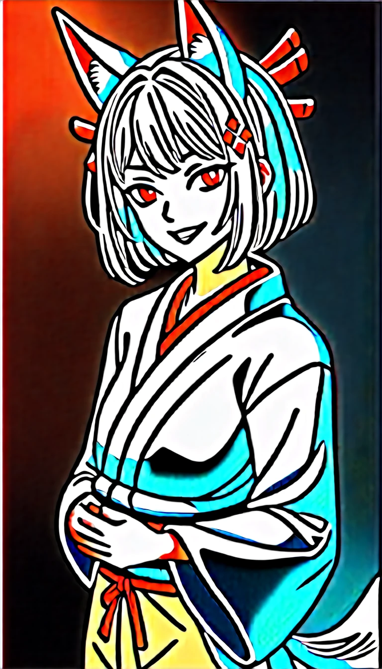 score_9, score_8_up, score_7_up, score_6_up, score_5_up, score_4_up, source anime, 1girl, tail, animal ears, Yamato, fox tail, fox ears, solo, fur trim, red eyes, bangs, shiny white hair, kimono, hair ornament, shiny, multicolored hair, long sleeves, short hair, teeth, parted lips, wide sleeves, grin, upper body, torii