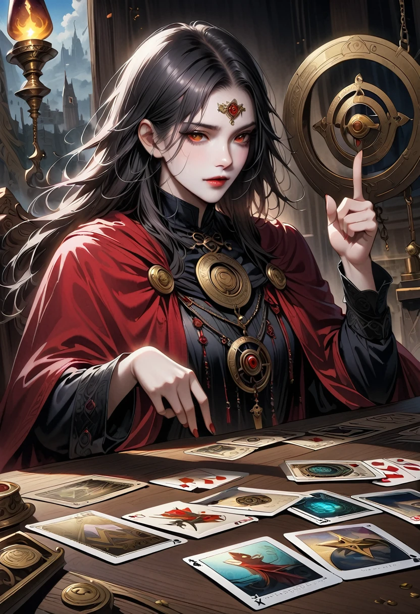 Astrologer，Metal photo frame，card，tarot cards：1.37.Mysterious fortune teller in cloak，Finger taps an array of tarot cards in the air，Mystical symbols and elements，Ancient mysterious atmosphere，Realistic illustration details，A work full of vitality and energy，Dark Style，Gothic style