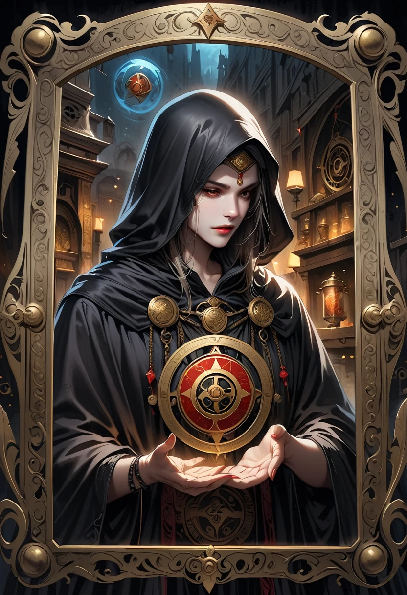 Astrologer，Metal photo frame，card，tarot cards：1.37.Mysterious fortune teller in cloak，Finger taps an array of tarot cards in the air，Mystical symbols and elements，Ancient mysterious atmosphere，Realistic illustration details，A work full of vitality and energy，Dark Style，Gothic style