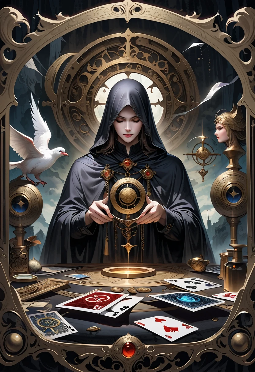 Astrologer，Metal photo frame，card，tarot cards：1.37.Mysterious fortune teller in cloak，Finger taps an array of tarot cards in the air，Mystical symbols and elements，Ancient mysterious atmosphere，Realistic illustration details，A work full of vitality and energy，Dark Style，Gothic style