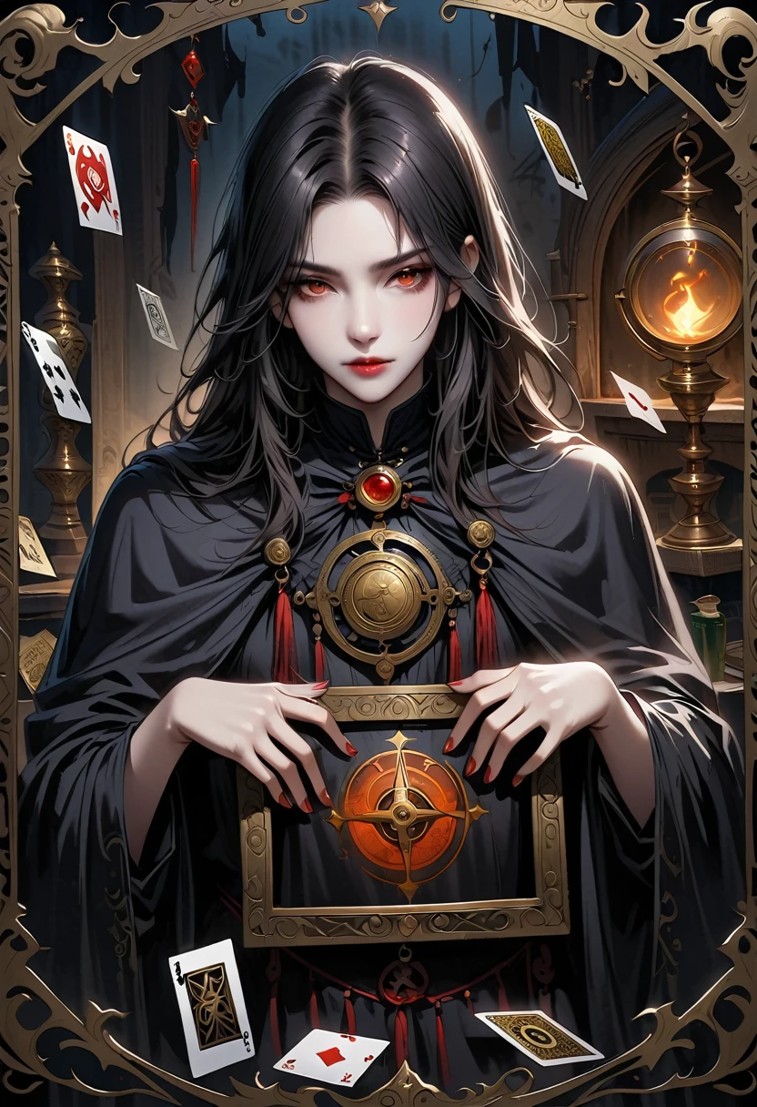 Astrologer,Metal photo frame,card,tarot cards:1.37.Mysterious fortune teller in cloak,Finger taps an array of tarot cards in the air,Mystical symbols and elements,Ancient mysterious atmosphere,Realistic illustration details,A work full of vitality and energy,Dark Style,Gothic style