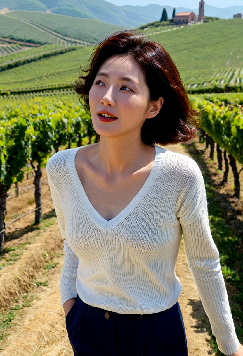 8k best picture quality, Beautiful 36-year-old Korean woman, My skin is good and my eyes are clear and pretty... clear and nice weather. Chest size 34 inches, italian countryside, past the vineyard, A cathedral can be seen in the fog in the distance.., The back background is realistic and vivid quality., Short and medium hair blowing in the wind, Wearing a white shirt under a luxurious knit. casual pants, laugh. the background is clear, Short and slim Korean woman, stand far away, Photo taken with a wide-angle lens, 1 woman