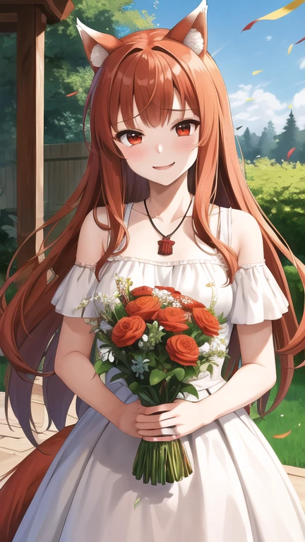 masterpiece, best quality, highres, 1girl, long hair, brown hair, animal ears, red eyes, wolf tail, necklace, wedding dress, white dress, garden, standing, holding bouquet, smile, tears, confetti,