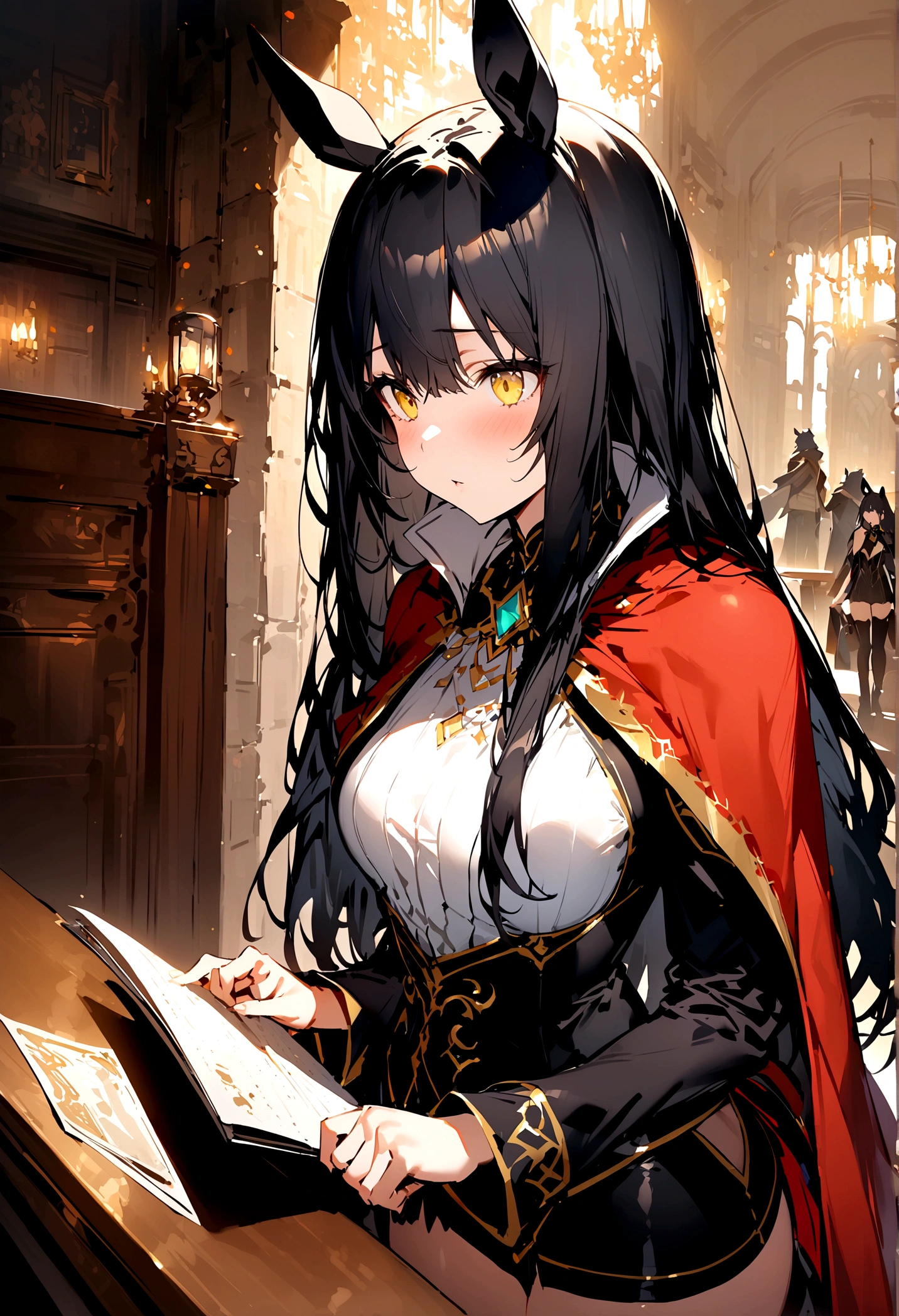 Browsing Caution,masterpiece,Highest quality,High resolution,Very detailed,One girl, Manhattan Cafe \(Horse Girl\)、Yellow Eyes、Black Hair、Long Hair、 Long Bangs、 Horse ears、leotard,Micro Mini Skirt,Cape,Adventurer'guild,Reception counter,Seduce,Faces of Expectation