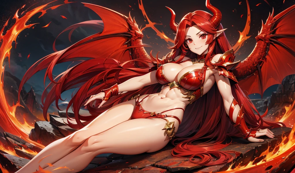 long red hair, goddess,Abdominal muscles,cleavage,red dragon horn,red dragon wings,The body has red dragon scales,thigh,thong,,stand,Volcanic lava