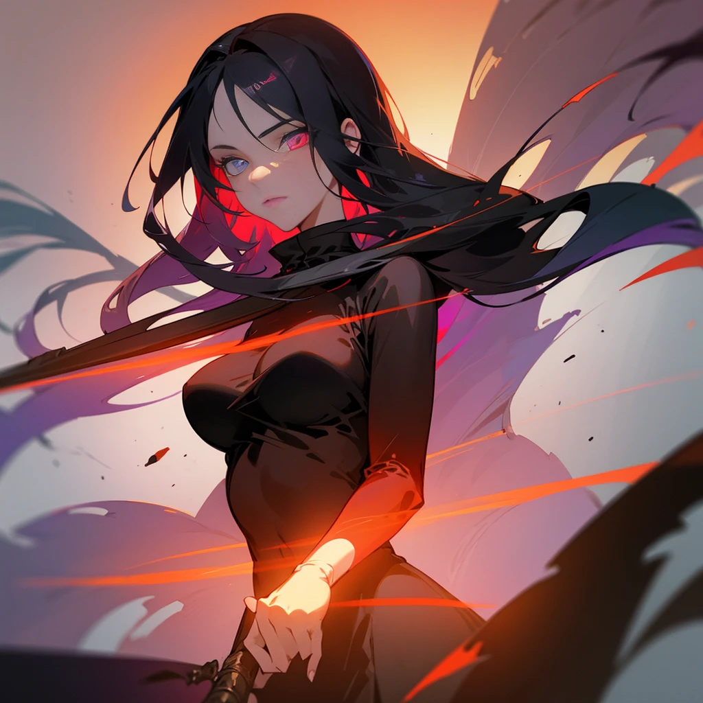 Adult female with cool red-purple heterochromia eyes, beautiful woman, perfect face,  wearing a red dress, long black hair (top quality, 8k, high, masterpiece), highly detailed facial features, intricate details, natural lighting, warm color, soft focus, digital painting, fantasy art, silhouette, red light, eerie atmosphere, foggy, Scythe, weapon, red aura, black particles, big breasts.