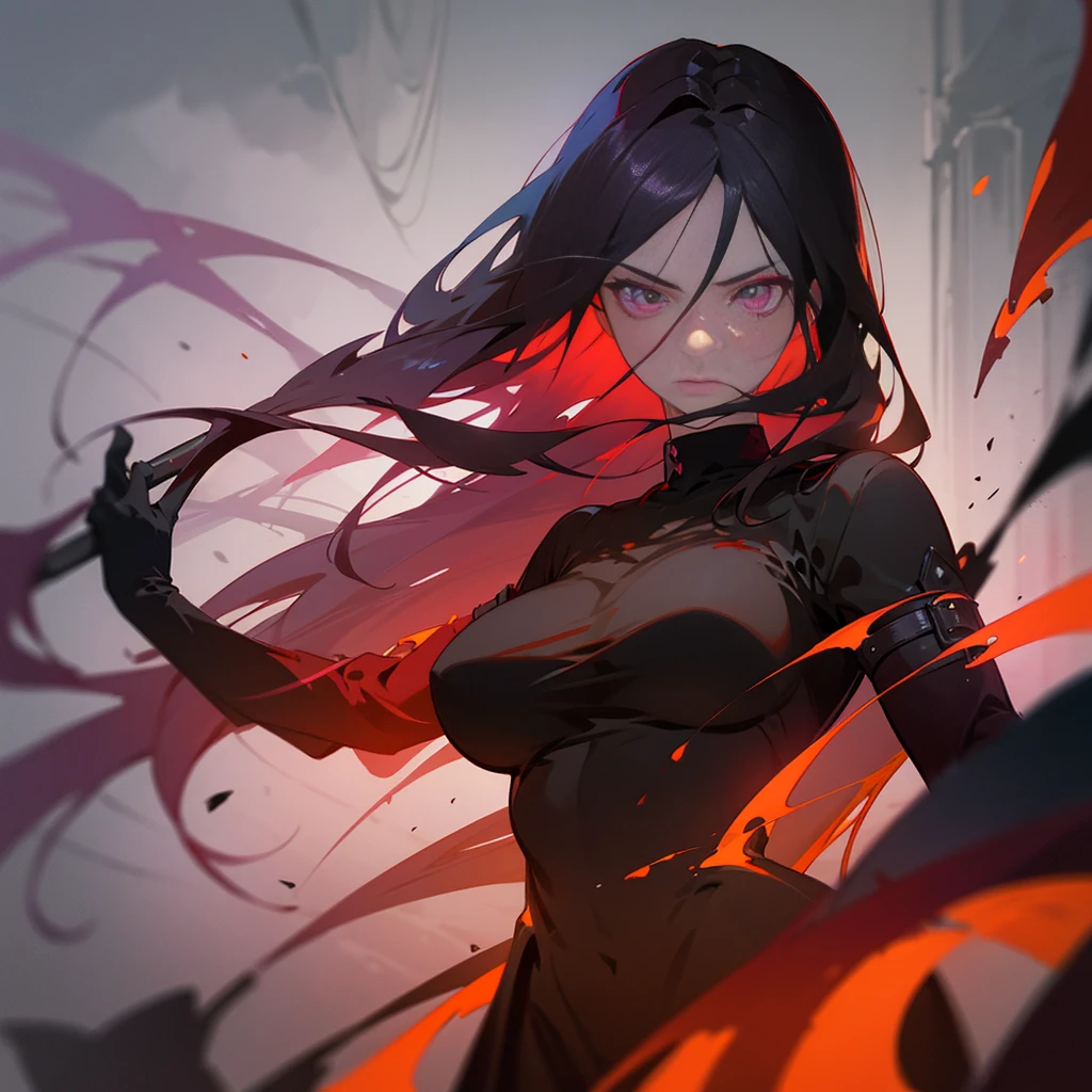 Adult female with cool red-purple heterochromia eyes, beautiful woman, perfect face,  wearing a red dress, long black hair (top quality, 8k, high, masterpiece), highly detailed facial features, intricate details, natural lighting, warm color, soft focus, digital painting, fantasy art, silhouette, red light, eerie atmosphere, foggy, Scythe, weapon, red aura, black particles, big breasts.