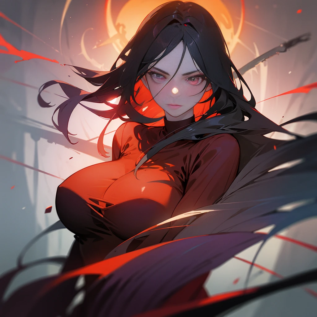 Adult female with cool red-purple heterochromia eyes, beautiful woman, perfect face,  wearing a red dress, long black hair (top quality, 8k, high, masterpiece), highly detailed facial features, intricate details, natural lighting, warm color, soft focus, digital painting, fantasy art, silhouette, red light, eerie atmosphere, foggy, Scythe, weapon, red aura, black particles, big breasts.