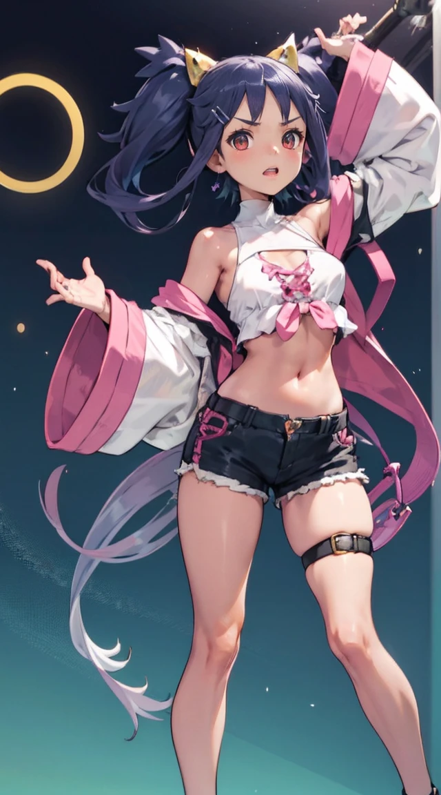 score_9, score_8_up, score_7_up, score_6_up, score_5_up, score_4_up, BREAK 1girl, 1girl, tube top, single thighhigh, short shorts, cropped jacket, sandals, hair ribbon, hairclip, earrings, single sock, high belt, thigh strap, detached sleeves, doll, black collar, long pink hair,