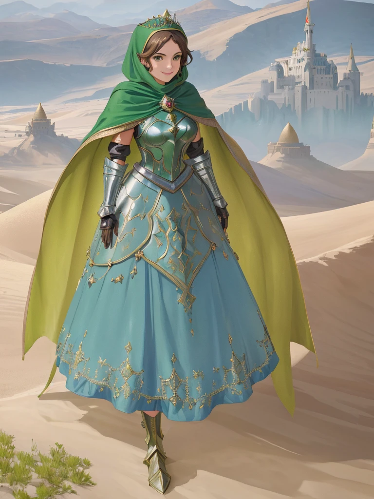 masterpiece, best quality:1.2), 1girl, smile, looking at viewer, green eyes, short brown hair, princess, armor, blue hijab headscarf, pauldrons, armored dress, green cloak cape, wearing puffy blue ballgown skirt, golden tiara with green gem, armored boots, fingerless gloves, standing in front of desert castle
