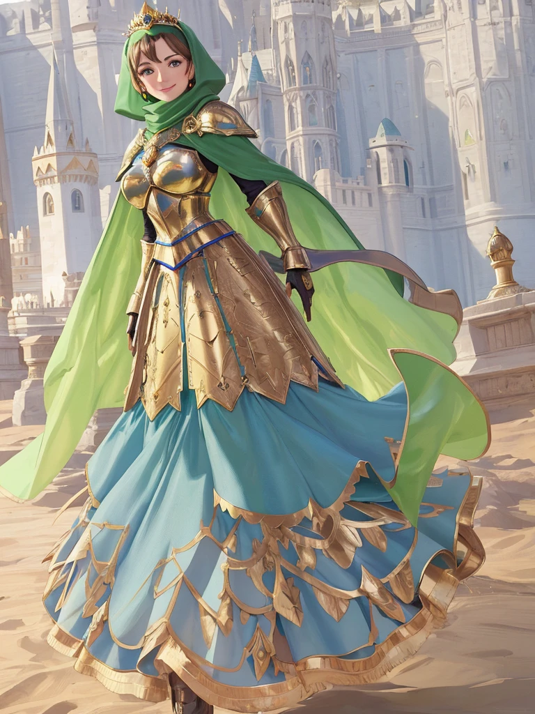 masterpiece, best quality:1.2), 1girl, smile, looking at viewer, green eyes, short brown hair, princess, armor, blue hijab headscarf, pauldrons, armored dress, green cloak cape, wearing puffy blue ballgown skirt, golden tiara with green gem, armored boots, fingerless gloves, standing in front of desert castle