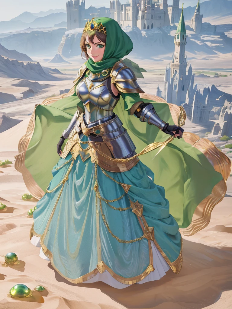 masterpiece, best quality:1.2), 1girl, smile, looking at viewer, green eyes, short brown hair, princess, armor, blue hijab headscarf, pauldrons, armored dress, green cloak cape, wearing puffy blue ballgown skirt, golden tiara with green gem, armored boots, fingerless gloves, standing in front of desert castle