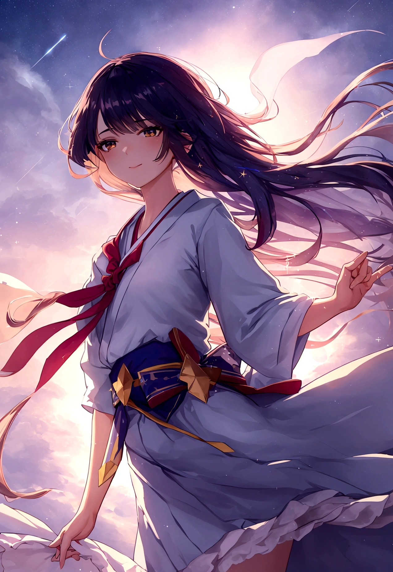 masterpiece, best quality, dynamic fantasy portrait illustration of a Modern Girl in a Japanese school outfit standing on the school roof looking up at the starry sky, swaying hair in the wind, Skirt swaying in the wind, shirt lightly swaying with the wind, floating hair, lace trim, warm soft lighting, slight smile, sunset, cloudy sky, (light particles:1.1), volumetric lighting, sparkle, sparkling, star, glittering, expressive, iridescent