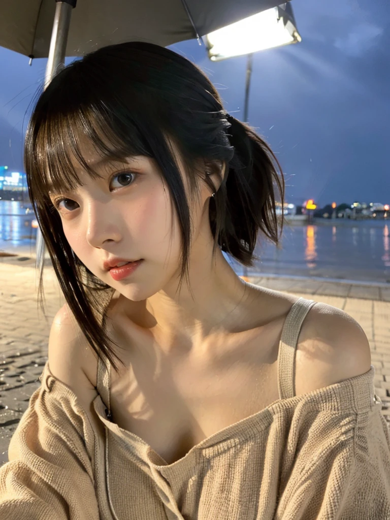 highest quality,RAW Photos , 19 year old Japanese female idol, From above , Face Focus , Face close-up ,
Selfie,Lying on the ground, ((Off-the-shoulder tops , Cold shoulder top , clavicle , Exposing shoulders ,Cleavage ,))short hair, Bowl Cut ,Cute Face ,Edgy,Drooping ,clavicle,Muddy Waters , Overflowing ,Wet ,Selfie, Pale skin,At the Beach, rain,night,