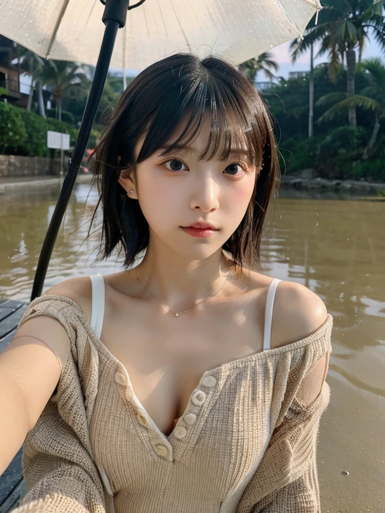 highest quality,RAW Photos , 19 year old Japanese female idol, From above , Face Focus , Face close-up ,
Selfie,Lying on the ground, ((Off-the-shoulder tops , Cold shoulder top , clavicle , Exposing shoulders ,Cleavage ,))short hair, Bowl Cut ,Cute Face ,Edgy,Drooping ,clavicle,Muddy Waters , Overflowing ,Wet ,Selfie, Pale skin,At the Beach, rain,night,