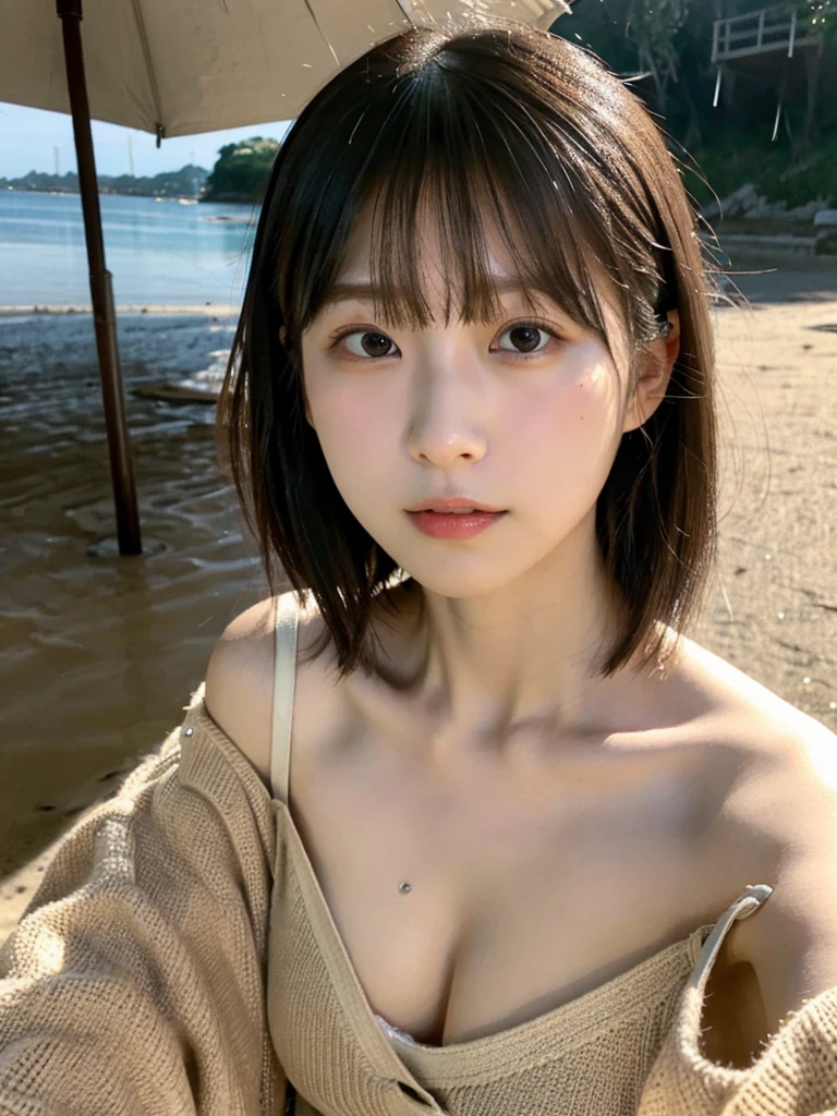 highest quality,RAW Photos  , 19 year old Japanese female idol, From above , Face Focus , Face close-up ,
Selfie,Lying on the ground, ((Off-the-shoulder tops , Cold shoulder top , clavicle , Exposing shoulders ,Cleavage ,))short hair, Bowl Cut ,Cute Face  ,Edgy,Drooping ,clavicle,Muddy Waters , Overflowing  ,Wet ,Selfie, Pale skin,At the Beach, rain,night,