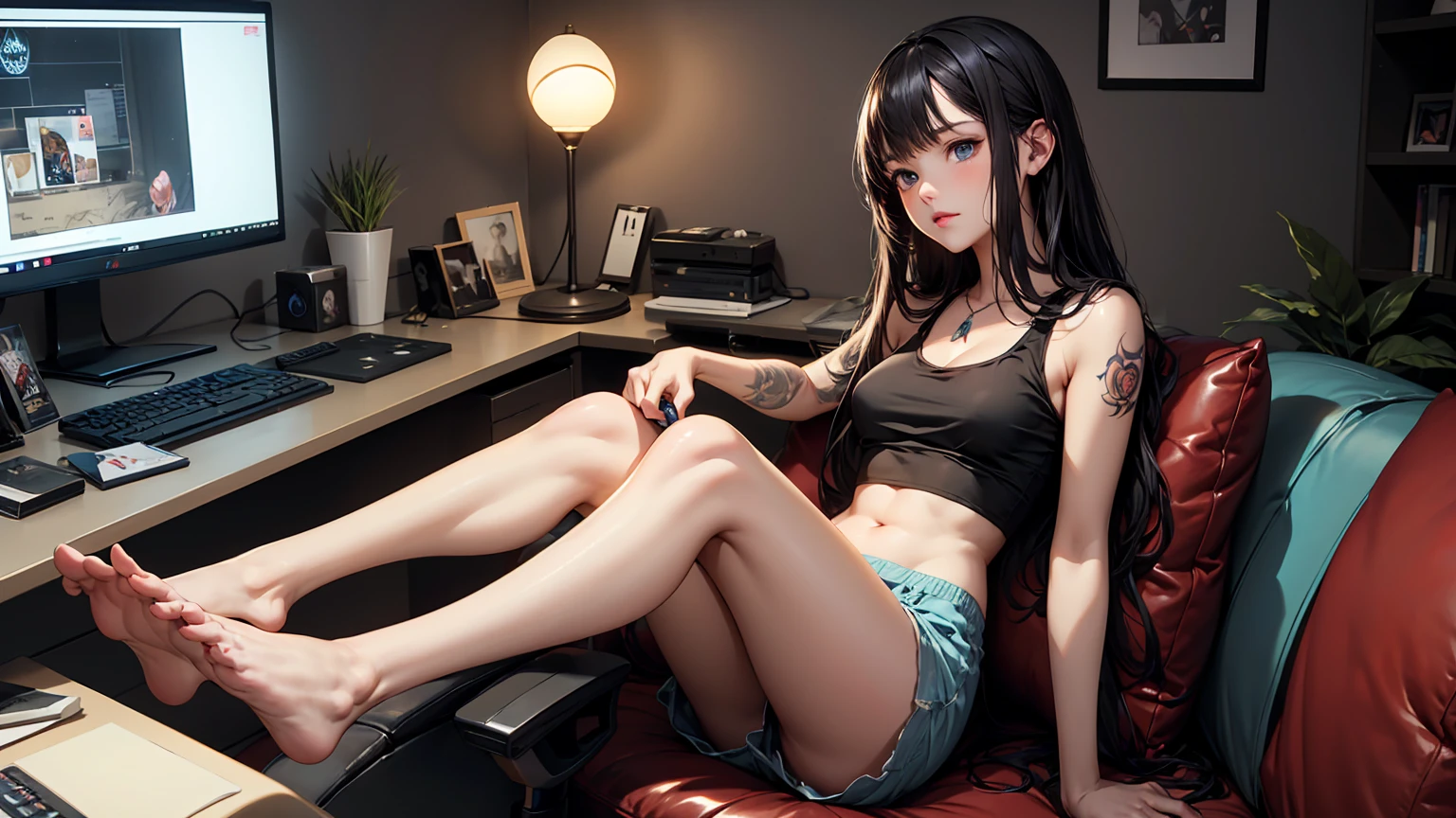 Create a high-quality, detailed image of a beautiful, anime cat gamer girl with tattoos and long hair, beautiful eyes, sitting at her gaming PC in her gaming room. She is wearing a tank top, and sleep shorts, showing her midriff, highlighting her stunning curves. The warm, inviting scene includes soft ambient lighting, comfortable seating, The setting is illuminated by a small lamp, creating a serene and intimate atmosphere