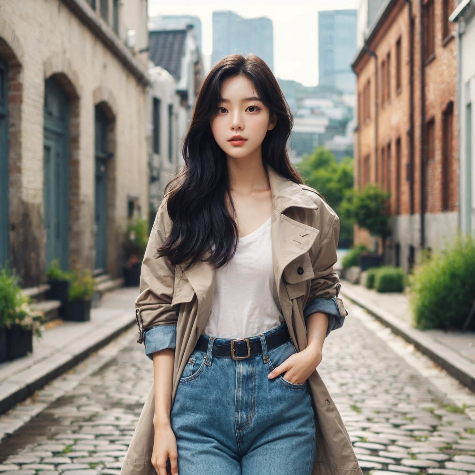 Beautiful young Korean female walking confidently down a cobblestone street in casual, stylish outfits with jackets, shirts, and jeans. The backdrop is a vintage urban setting with buildings and greenery, blending modern style with a cool urban vibe.