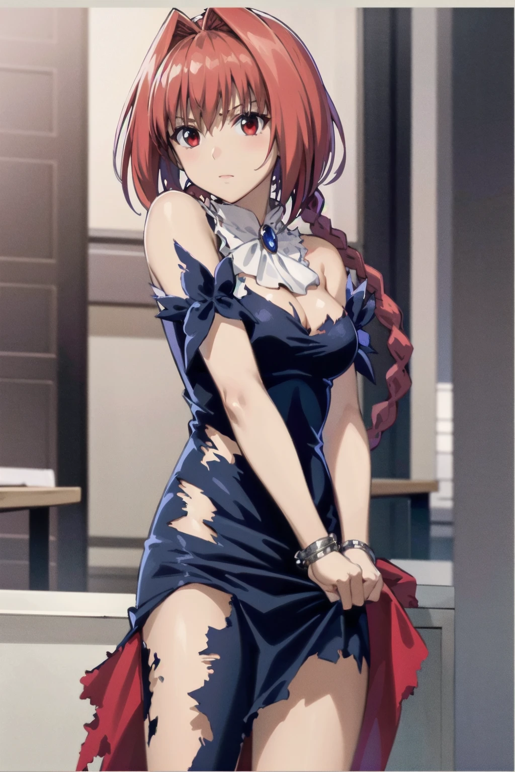 masterpiece, Highest quality,High resolution,Dorothy, Redhead,Red eyes, Have,dress,Braiding, black dress, View your viewers,Torn clothes