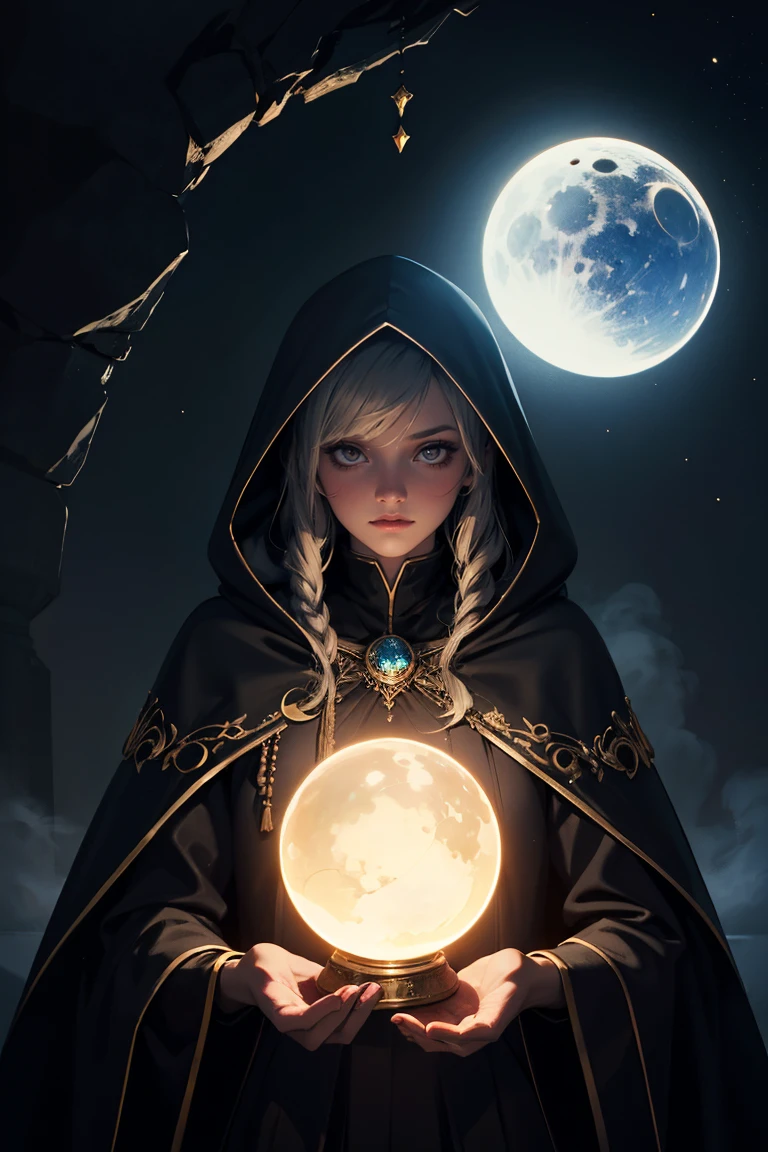 astrologer, 1girl, hooded cloak, occult symbols, mysterious aura, crescent moon, glowing crystal ball, ethereal lighting, fantasy landscape, mist, deep jewel-toned colors, cinematic lighting, dramatic shadows, dramatic, mystical, intricate details