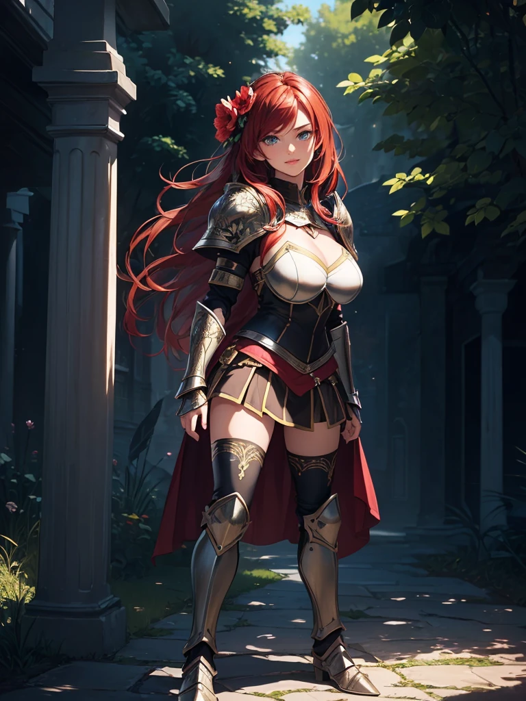 ((1girl, solo)), beautiful body, (perfect anatomy, perfect body, perfect hands, perfect legs), (five fingers:1.5), natural proportions, y body, large breowboy shot BREAK
((extremely detailed face)), (beautiful detailed eyes:1.6), (realistic pupils, realistic iris:1), expressive eyes, looking at viewer, (clear eyes:1.3), (hyperrealistic:1.2), (detailed skin texture:1.2), smooth skin, (red hair:1.5), golden eyes, long hair, waist-length wavy hair, bangs, hair between eyes, hair partially tied into a bun, hair ornaments, ((hair flower)), golden rose hair ornaments, ((mature fem (detailed lips:1.2), (attractive lips:1.1), (glossy lips:1.1), (smile), perfect face, perfect eyes BREAK
female knight, long sleeves, (fantasy armor:1.5), cleavage, (breas.3), (shoulmor:1.2), (arm guard:1.3), armor gloves, (micro mini skirt:1.5), zettai ryouiki, thighs, thighhighs, (greaves:1.3), armored boots, belt BREAK
(outdoors:1.5), (day:1.3), nature, trees, (shade of trees:1.2), medieval, (fantasy setting:1.5) BREAK
(masterpiece:1.5), anime-style, top quality, best quality, (beautiful and aesthetic:1.2), (ultra detail:1.5), Ultra-detailed depiction, Ultra-precise depiction, extremely detailed 8k illustration, high resolution, (highly detailed shading:1.2), (realistic lighting:1.4), perfect lighting, vibrant colors, dynamic tones, striking hues, 8k, absurd resolution, perfect shadows, hdr, UHD, ambient lighting, realistic, ultra-realistic, photo realistic, highly detailed, rich detail, luminous colors, fine texture, intricate design, professional illustration, (soft light:1.2), (illustration:0.7)