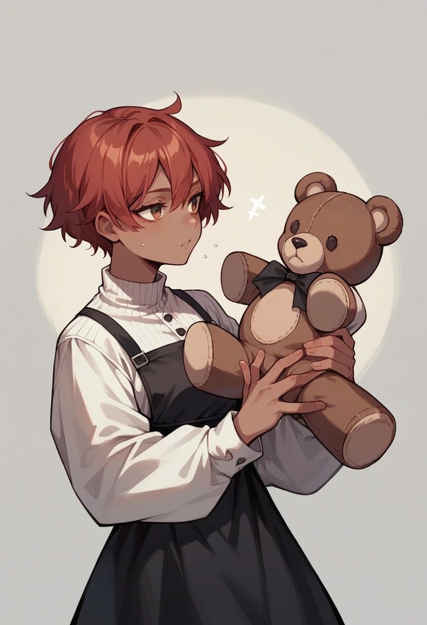 with dark skin,short and red hair, with black dress and white sleeves,holding a teddy bear
