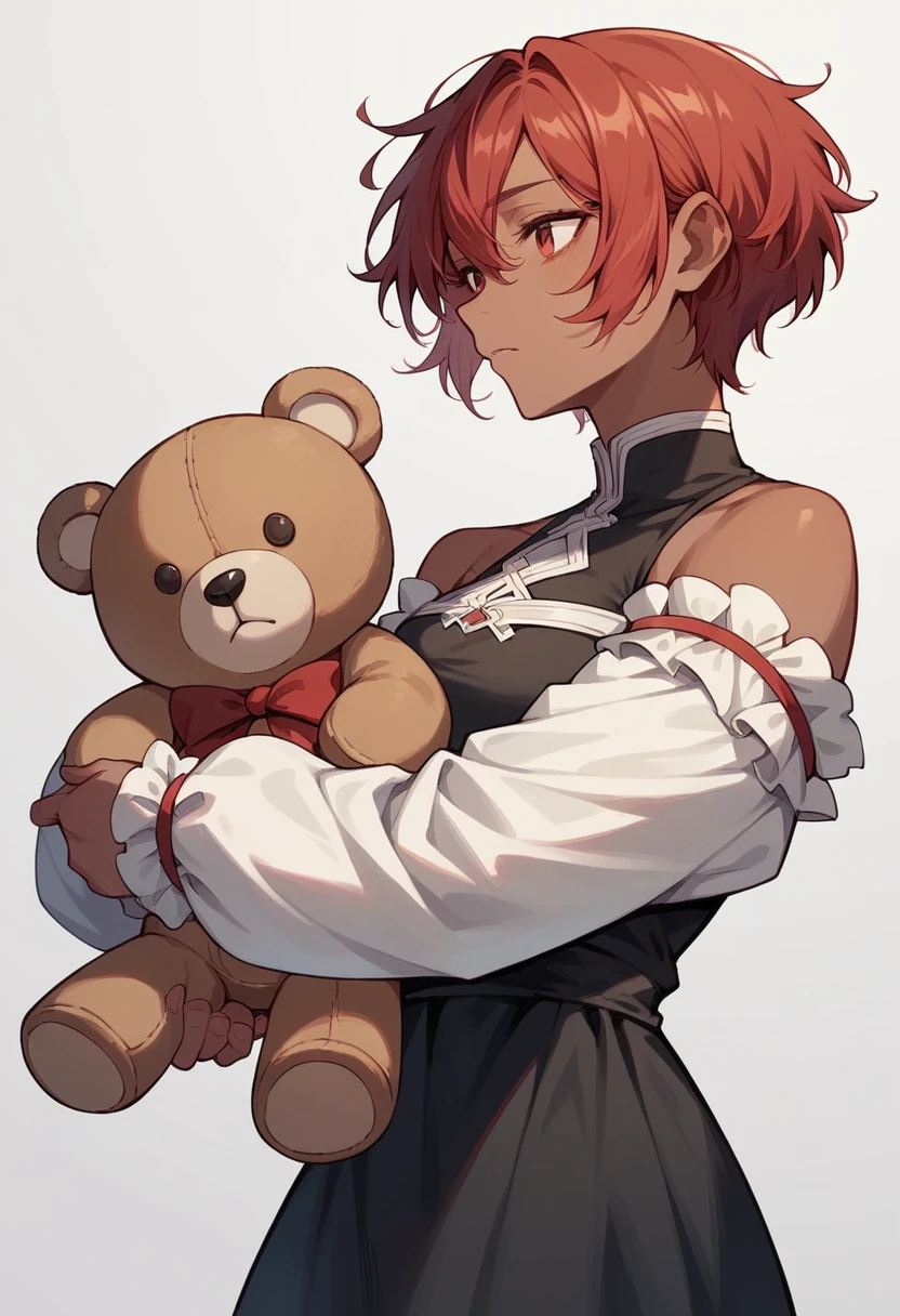 with dark skin,short and red hair, with black dress and white sleeves,holding a teddy bear