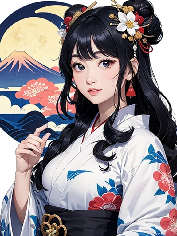 (Highest quality、masterpiece、High resolution、8K)、Ukiyo-e、Vibrant colors、Katsushika Hokusai、1 female、Black hair Japanese topknot、whole body、The kimono has a vivid floral pattern on a white background.、Official Art、背景はUkiyo-e風、White waves and Mt. Fuji、Flowers and Moon、White waves and the moon