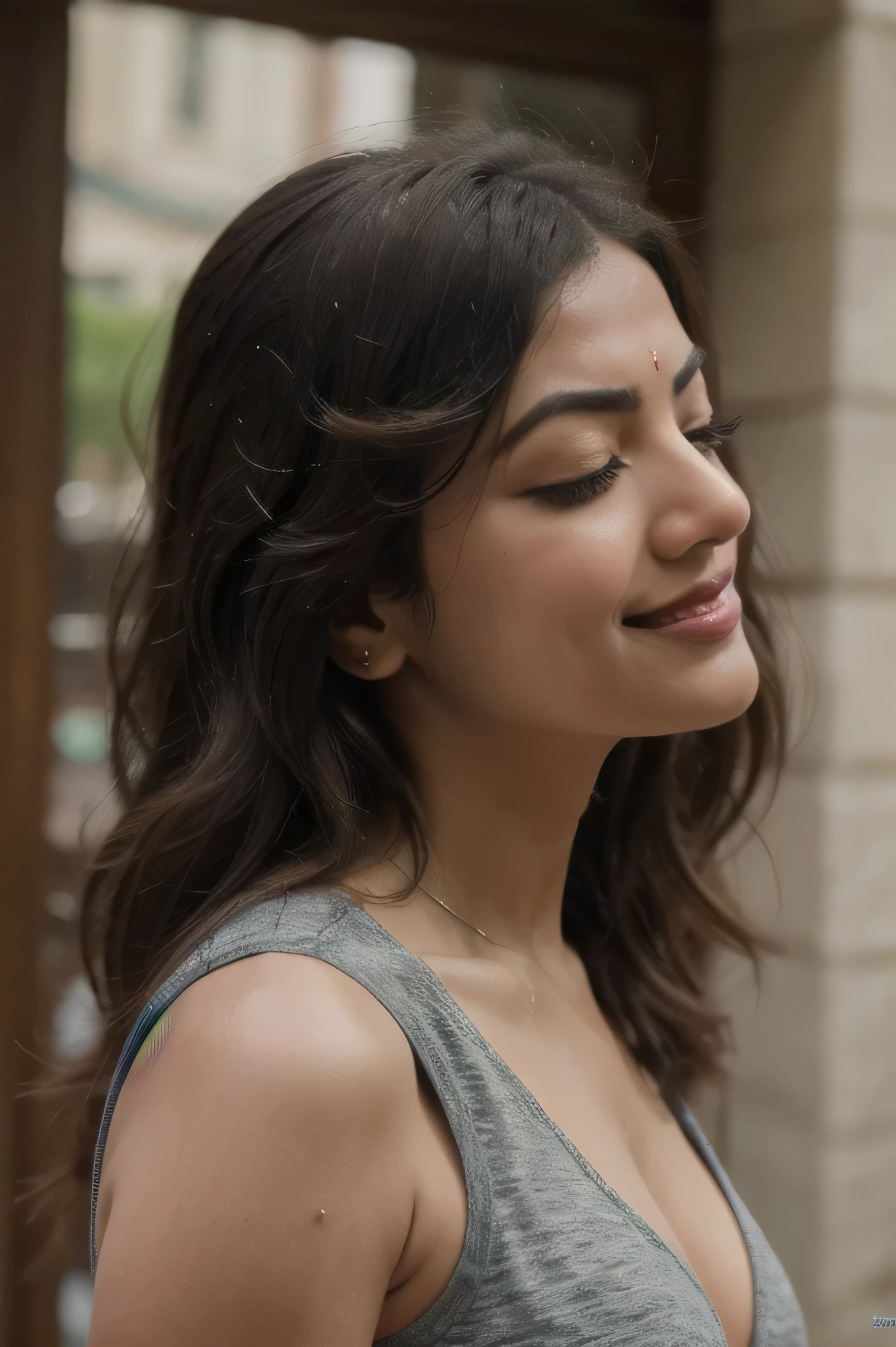 Looks like Kajal Aggarwal,1girl, solo, upper body, side view, viewed from side, smile, sensual expression,eyes closed,leaning forwards,leaned forwards,sweaty