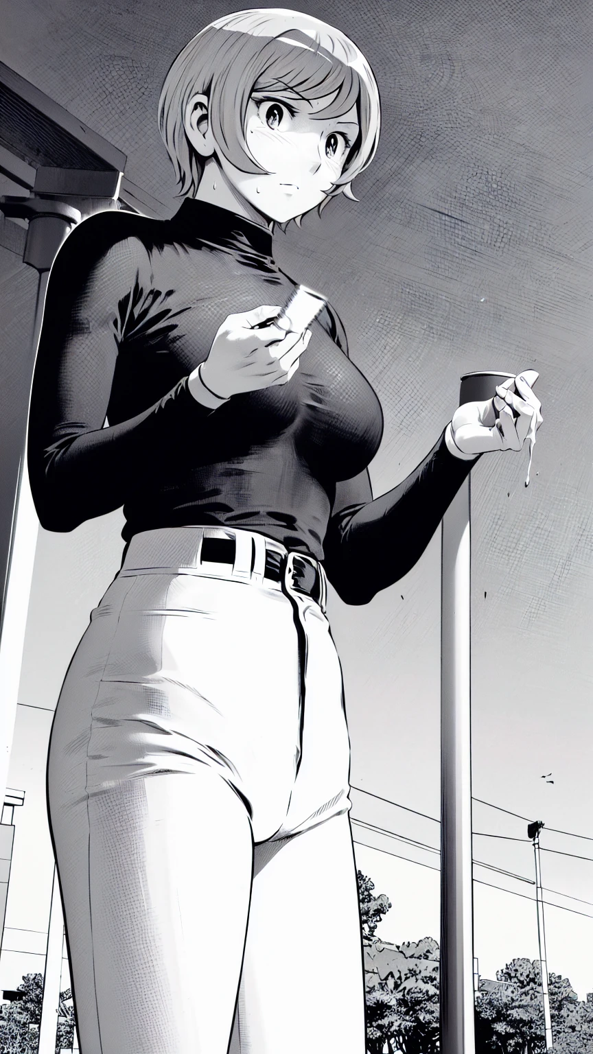 (野球uniform:1.2),
Blonde Hair, (short hair:1.2),Long sleeve, Black Shirt, turtleneck,White trousers、uniform、Black belt、((Illustration of people))、Big 、
View Audience,, (Highest quality:1.3),One Girl, White pants、uniform、Outdoor、baseball ground、ground、soil、blue eyes、Tight black shirt、(masterpiece、Highest quality)、Highest quality, Ultra-high resolution, (((masterpiece))), alone, Sweat、Big eyes、Big Breasts、One Girl, Front view、Embarrassed face、Bronze colored hair、((short hair))、Stand up straight