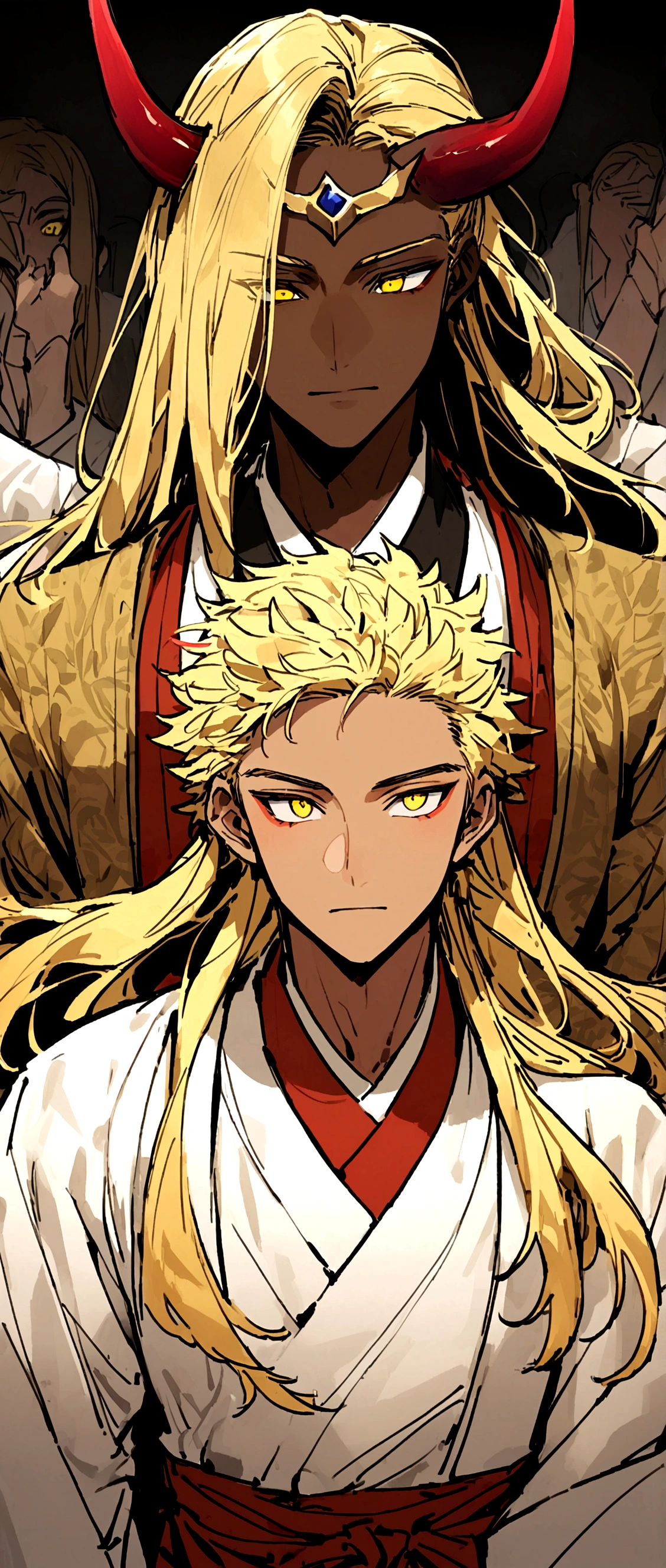 Beautiful young man with blond hair and dark skin, 20-year-old, Yellow Eyes, A single red horn grows from the right side of its head....,The horn has three bamboo-like nodes.., Wearing traditional Korean clothing, Waist-length flowing hair.Talking to multiple people of the same race,