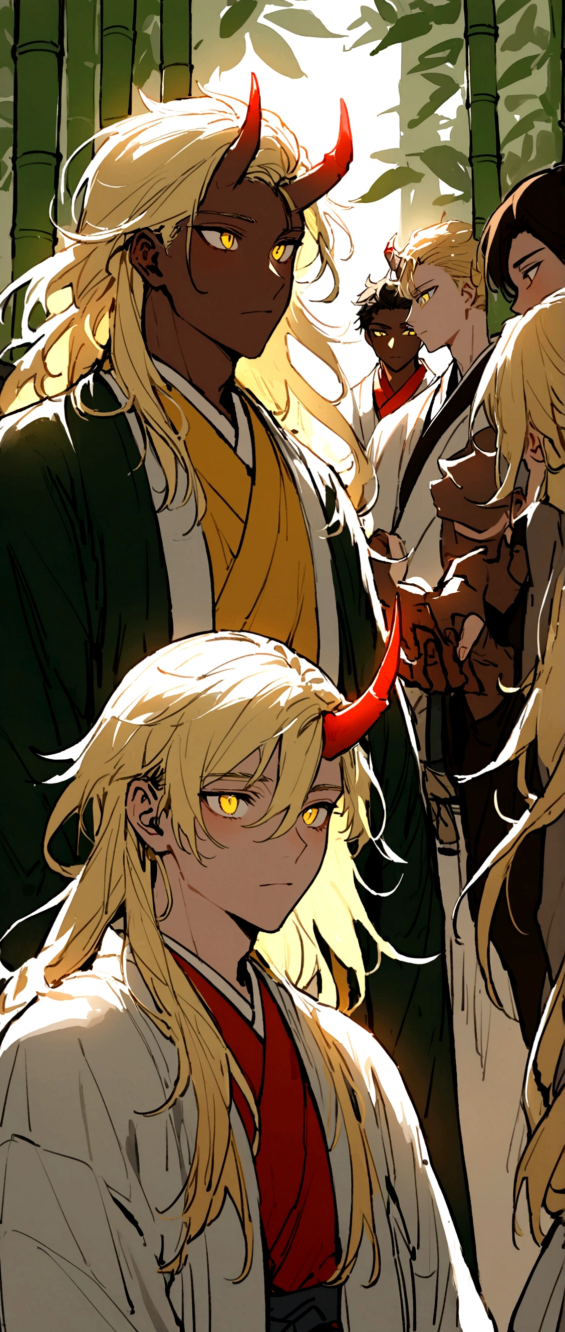Beautiful young man with blond hair and dark skin, 20-year-old, Yellow Eyes, A single red horn grows from the right side of its head....,The horn has three bamboo-like nodes.., Wearing traditional Korean clothing, Waist-length flowing hair.Talking to multiple people of the same race,