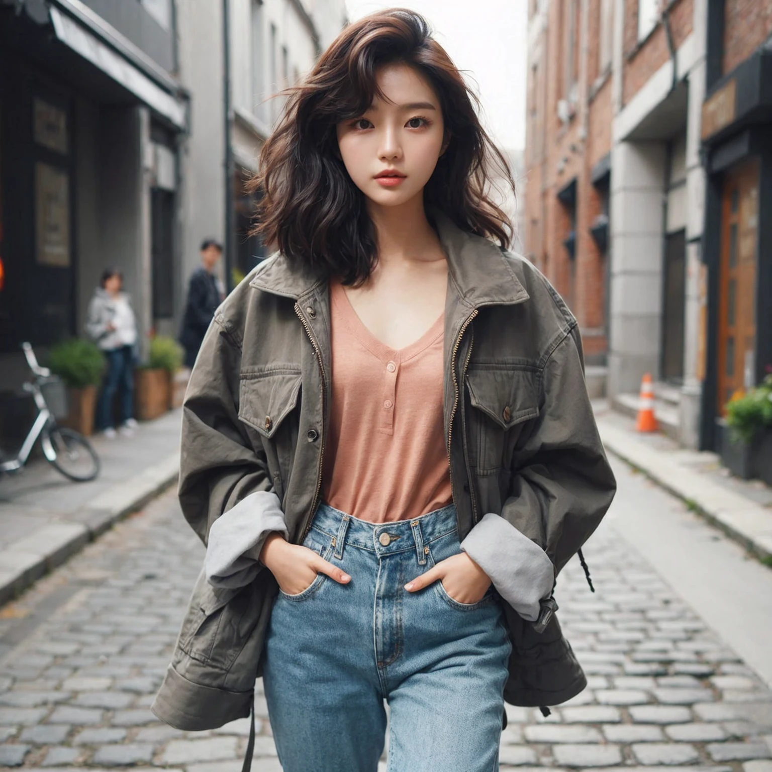 Beautiful young Korean female walking confidently down a cobblestone street in casual, stylish outfits with jackets, shirts, and jeans. The backdrop is a vintage urban setting with buildings and greenery, blending modern style with a cool urban vibe.
