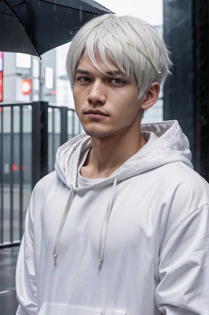 kk, best quality, more details, masterpiece, 1boy, kaneki ken, portrait, male focus, red eyes, solo, bangs, looking at viewer, hood, short hair, rain, tokyo tokyo \(city\), hood up, nail polish, white hair, luxurious, 8k, detailed, ray tracing, depth of field, cinematic lighting,
