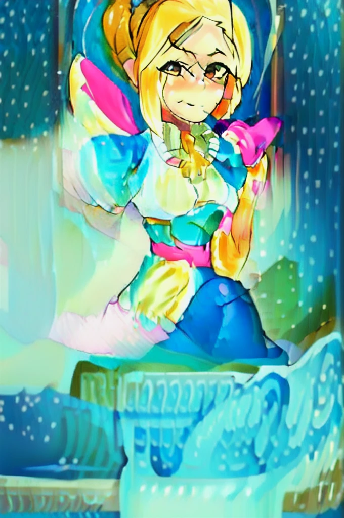 (masterpiece, best quality:1.2), cowboy shot, solo, 1girl, piper, smile, looking at viewer, (hand on own cheek:1.2), blonde hair, ponytail, blue dress, puffy short sleeves, fingerless gloves, kitchen