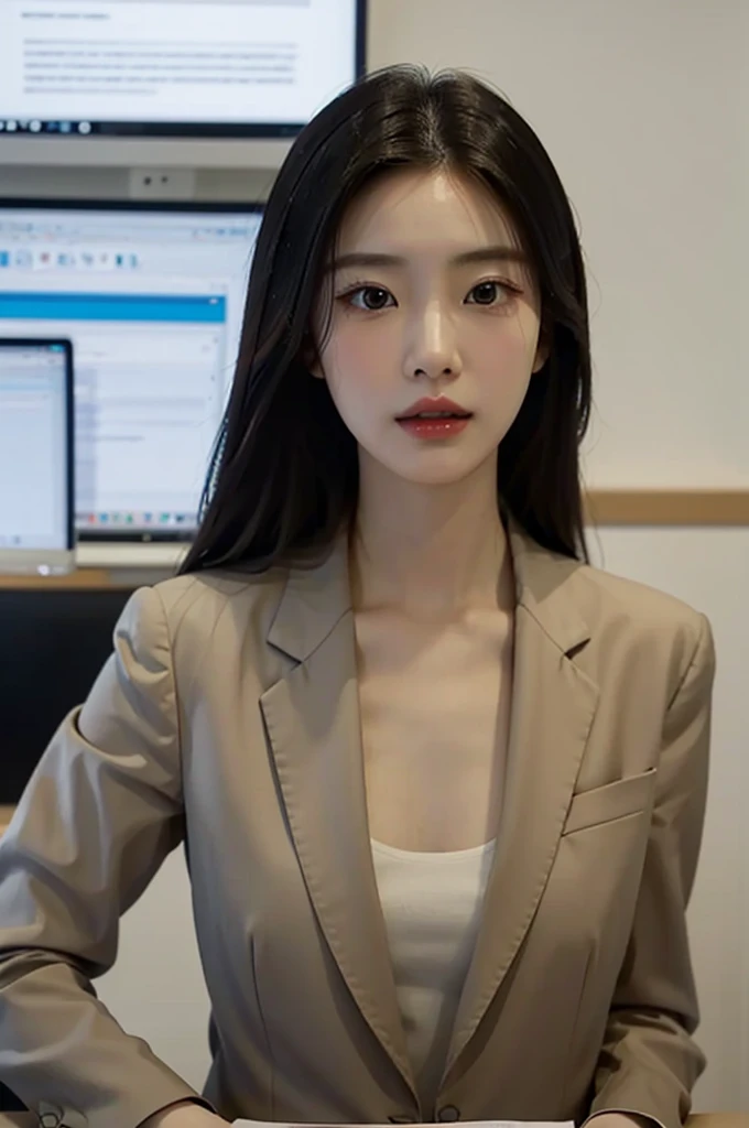 High-res, Realistic portrait of professional korean office lady with perfect skin，Professional suits，Women's suits，stand posture，The upper part of the body，Women in the workplace，Show confidence and maturity, Surrounded by a modern corporate environment, Vibrant and naturally lit highlights. The artwork should emphasize her elegant facial features, Including charming long eyes, Fluttering eyelashes and seductive lips. The scene should be enhanced with elements of professionalism and visual appeal，For example, Stylish work desk, Mainframe computers, High-resolution display, and complex stationery. The overall tone should be warm and professional, Has a soft and natural color palette. The artwork should exude a sense of professionalism, Success, and cultural pride，The background is blurred out