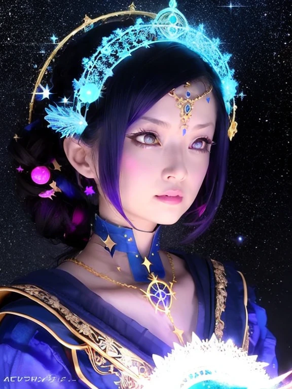 1 Girl, solo, (astrologer), (Circlet),Blue CostumeMysterious, Fantasy, grace, Calm, Silence, intellectual, ancient, Beyond time and space, dream, aura,
Dark eyeshadow, Star shaped glitter, Sparkling Highlights, Rich Lip Color, Smokey Eye, Mysterious Eyeliner,
universe space, shooting star, planet,
astrologerが魔法の杖を使って星を指し示している,
Sparkling meteor shower, Magic Light, Reflecting Galaxy