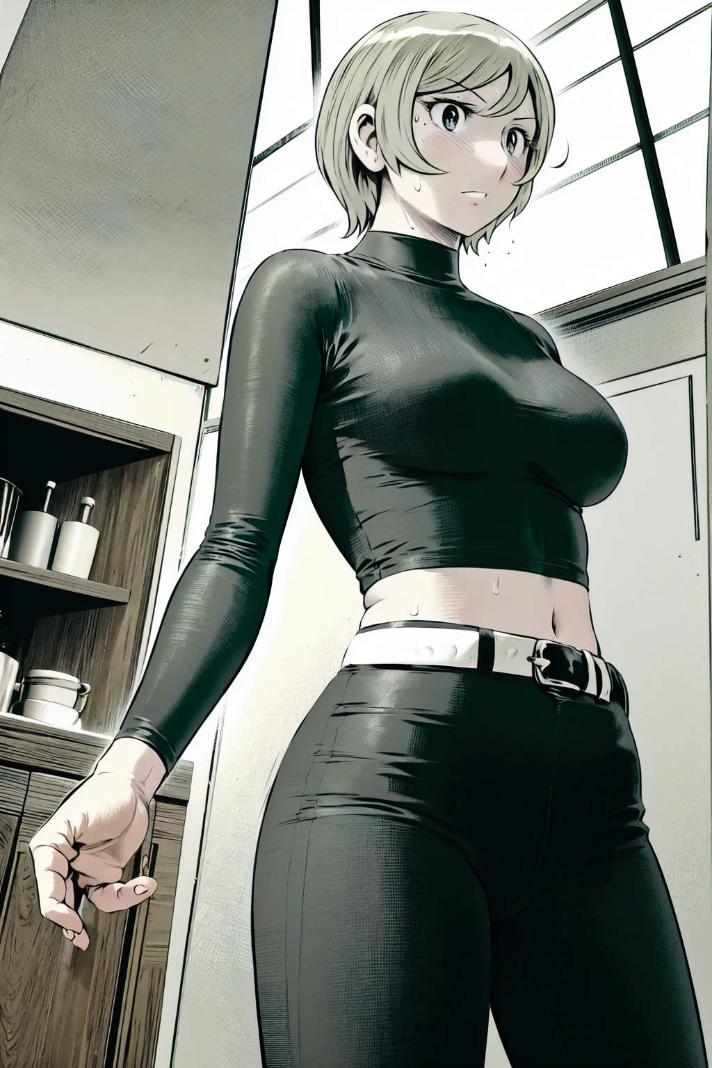 、(masterpiece、Highest quality)、Highest quality, Ultra-high resolution, (((masterpiece))), alone, Sweat、Big eyes,Tight black shirt、Tight white pants、belt、indoor、Composition from the front、(Cut the back hair short、short hair、blonde、woman)、Shortcuts、Embarrassed face、Cut your hair short、可愛いwomanの子、Big Breasts、Inside the room、Full Color、Baseball uniform
