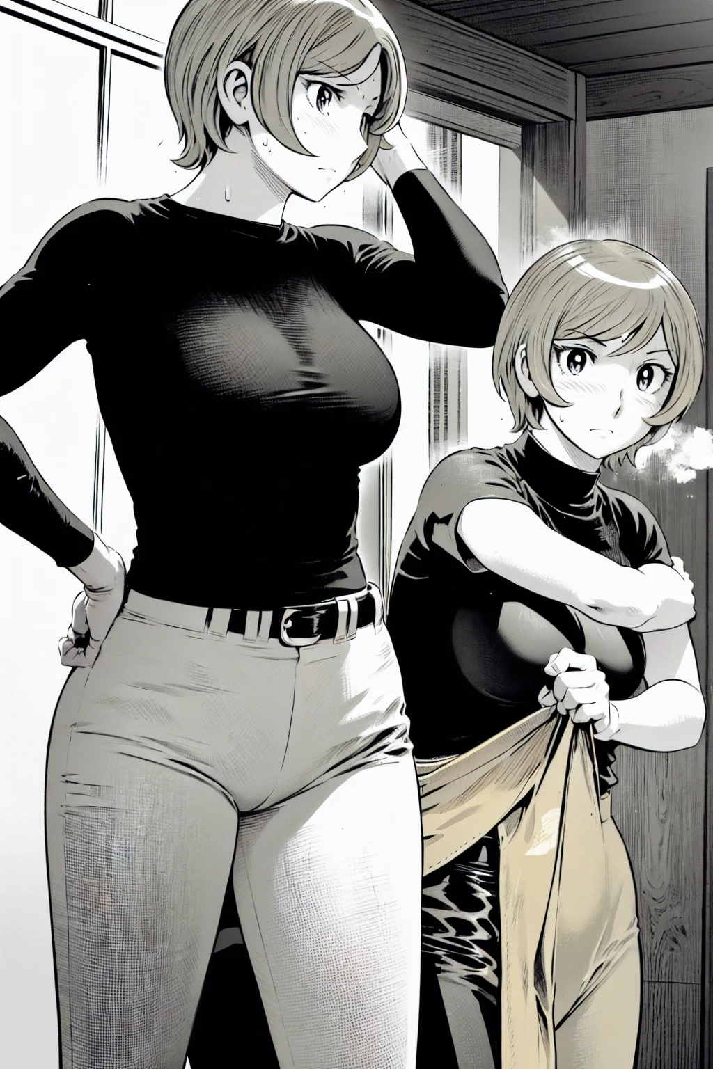 、(masterpiece、Highest quality)、Highest quality, Ultra-high resolution, (((masterpiece))), alone, Sweat、Big eyes,Tight black shirt、Tight white pants、belt、indoor、Composition from the front、(Cut the back hair short、short hair、blonde、woman)、Shortcuts、Embarrassed face、Cut your hair short、可愛いwomanの子、Big Breasts、Inside the room、Full Color、Baseball uniform
