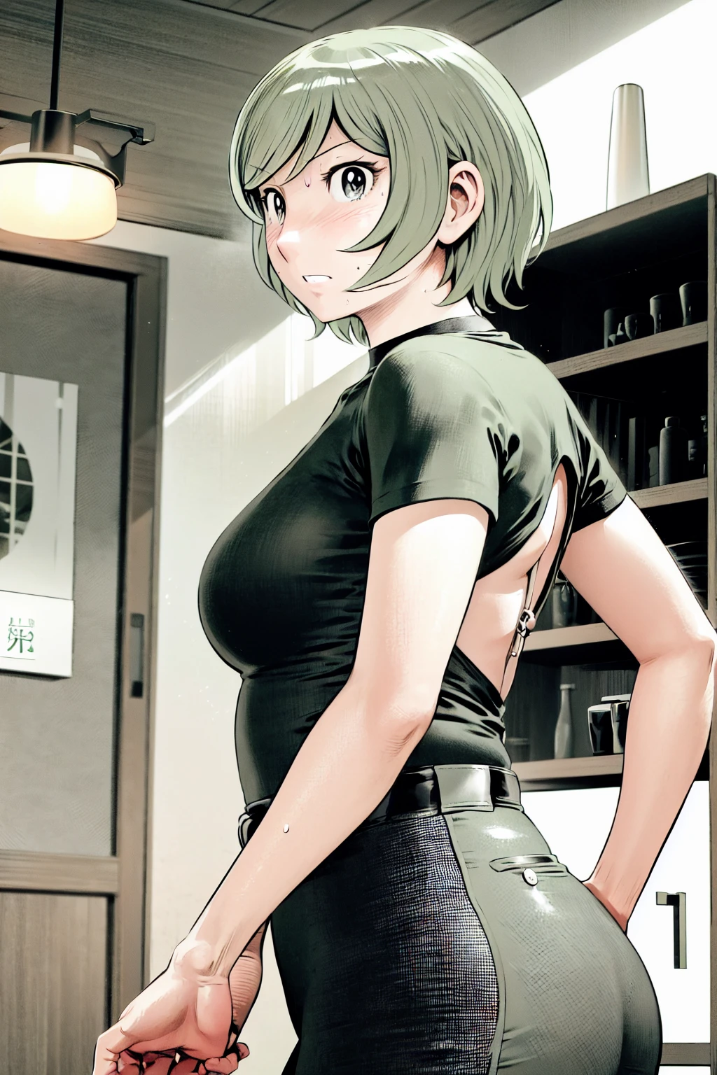 、(masterpiece、Highest quality)、Highest quality, Ultra-high resolution, (((masterpiece))), alone, Sweat、Big eyes,Tight black shirt、Tight white pants、belt、indoor、Composition from the front、(Cut the back hair short、short hair、blonde、woman)、Shortcuts、Embarrassed face、Cut your hair short、可愛いwomanの子、Big Breasts、Inside the room、Full Color、Baseball uniform