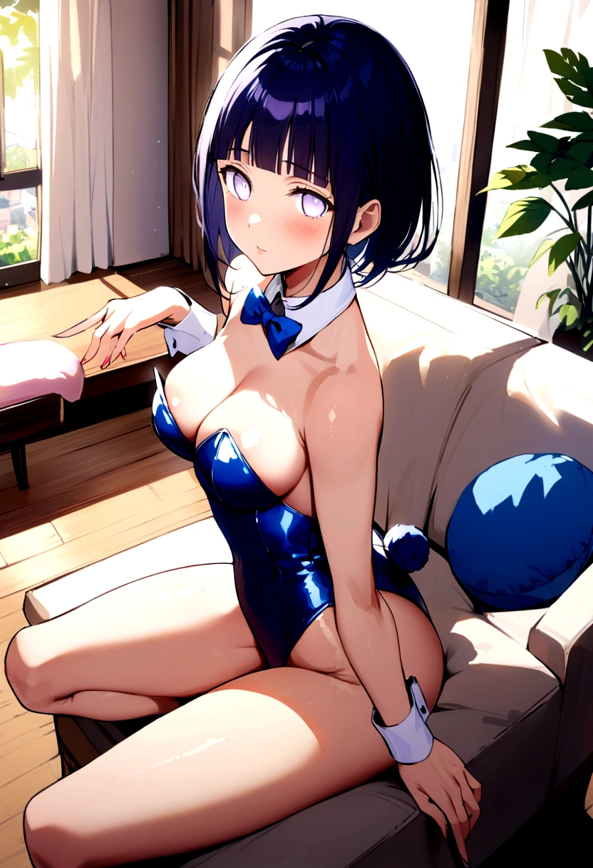 Hyuuga Hinata, , short hair, face looking at viewer, sexy bunny, playboy. living room, sunny, whole body, perfect body, perfect legs, perfect arms