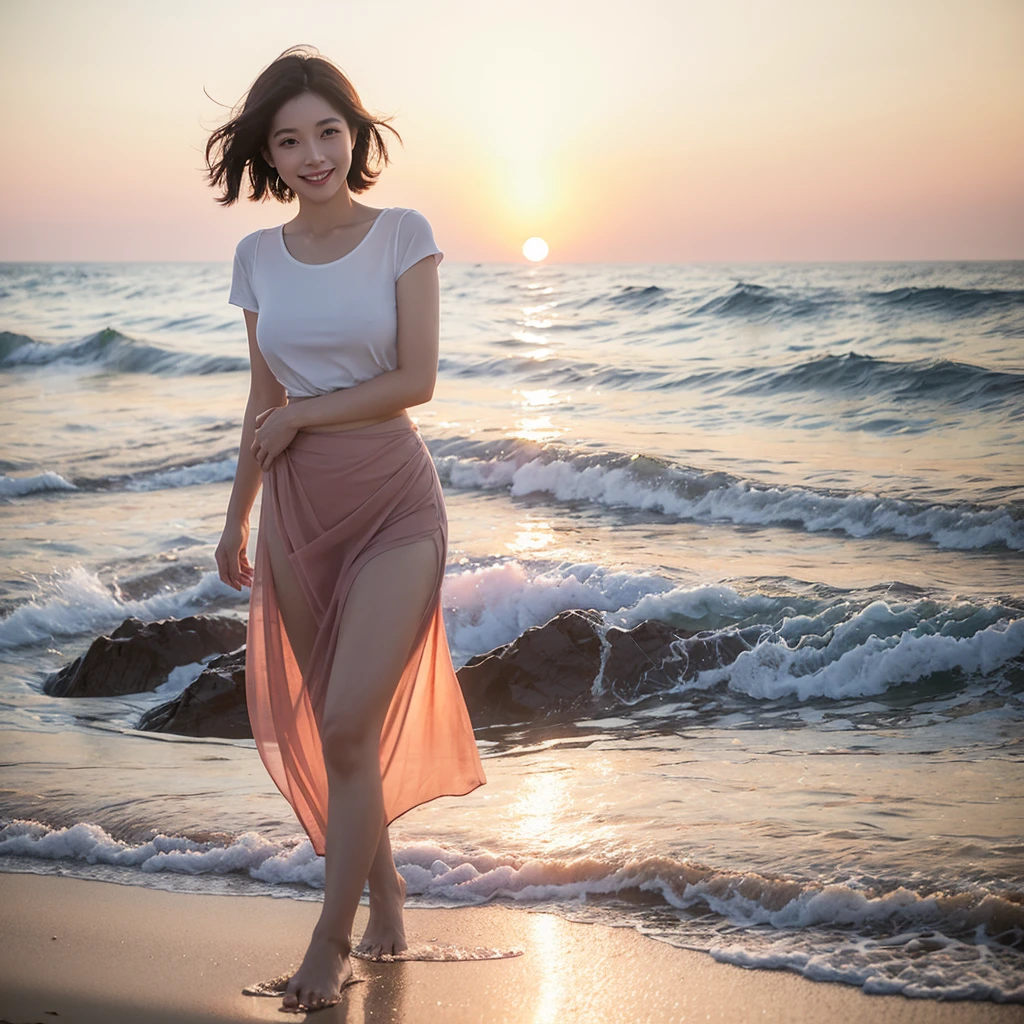 Soft red light at sunset on the beach,A soft lingering scent is reflected in the sea., Beautiful 36-year-old short Korean woman, Chest size 34 inches, Wear white short sleeves and sleeveless tops, lightweight mid length skirt. beautiful pretty woman look , wearing a light skirt , Go far into the sea water and dip your toes., Short medium hair blowing in the wind, 1 woman, beautiful eyes, Smiling, Full-body photo taken from afar with a wide-angle lens, The background is clean and perfect., the waves are coming, short woman